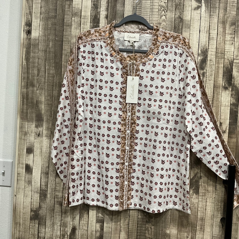 Cleobella White Blouse with Rust Floral Motif and Brown Trim - Picture 1 of 12